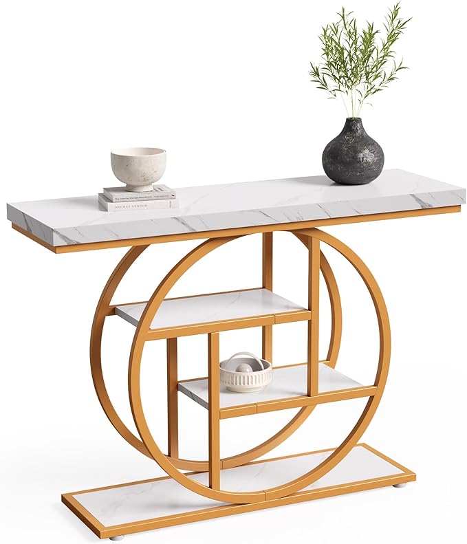 LITTLE TREE Console Table, 4-Tier Entryway Table Behind Couch Table, 41.3-Inch Modern Sofa Table for Living Room, Foyer Hallway Table for Entrance, White and Gold