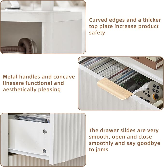 LEYAOYAO Fluted Nightstand with Charging Station, 23" Wide 2 Drawers End Table,White Night Stand with Open Storage Cabinet, Farmhouse Bed Side Tables, Wood Dresser for Bedroom, Living Room, Closet