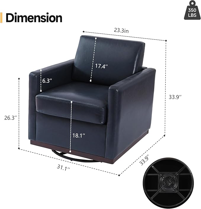 Pia Ricco Single Swivel Barrel Chair, Modern Accent Armchair in Easy-Clean PU Leather, Mid-Century Style for Living Room or Home Office, Navy