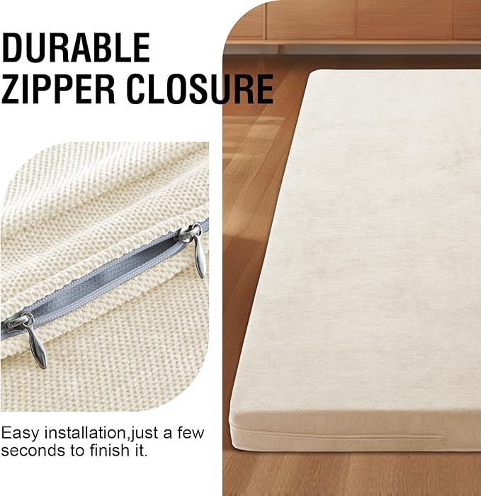 H.VERSAILTEX Twin Size Armless Futon Mattress Covers for Traditional Japanese Futon Mattress Soft Chenille Couch Slipcovers Floor Mats Sofa Protector Zippered Sleeper Sofa Cover,Beige
