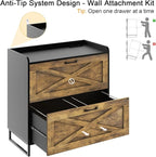 Lateral File Cabinet with Charging Station, 2 Drawer File Cabinet for Letter/Legal/A4 Size Hanging Files, Large Wood File Storage Cabinets, Rustic Brown and Black