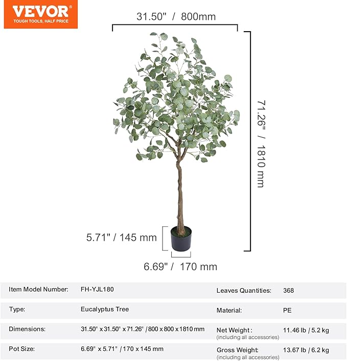 VEVOR Artificial Eucalyptus Tree, 6 FT Faux Plant, Secure PE Material & Anti-Tip Tilt Protection Low-Maintenance Plant, Lifelike Green Fake Potted Tree for Home Office Christmas Decor Indoor Outdoor