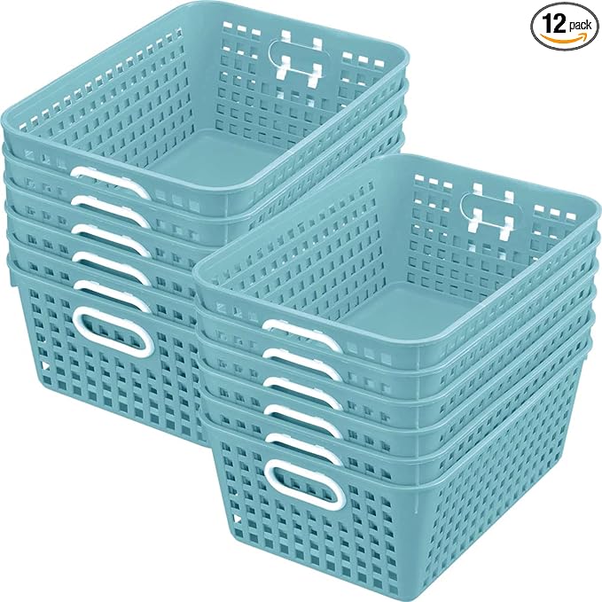 Really Good Stuff 160016WA Multi-Purpose Plastic Storage Baskets for Classroom or Home Use - Stackable Mesh Plastic Baskets with Grip Handles 13" x 10" (Water - Set of 12)
