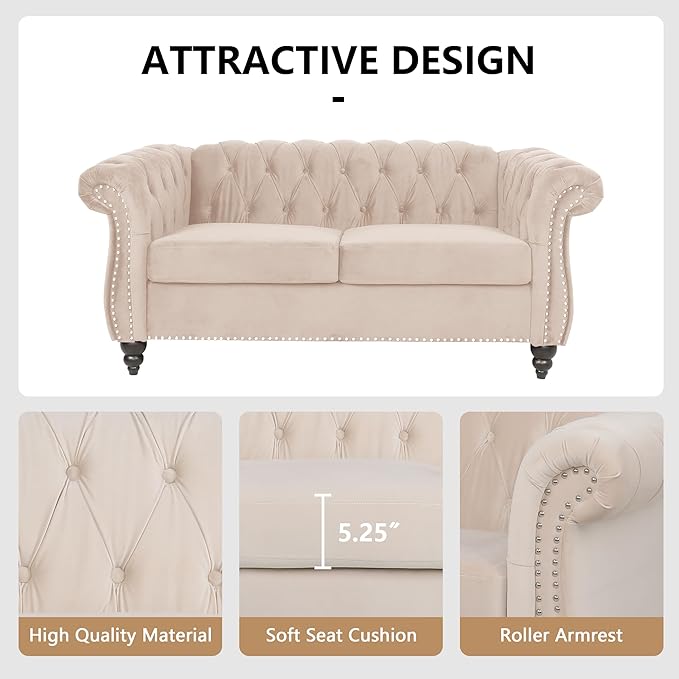 Velvet Loveseat Sofa, Mid Century Modern Upholstered Couch, 62" Oversized Comfy 2 Seater Love Seat Couch with Cushions, Tufted Chesterfield Sofa for Living Room, Bedroom, Apartment (Beige)