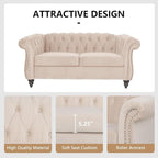 Chesterfield Loveseat Sofa, Modern Velvet Small Sofa Couch 2 Seater with Rolled Arms and Nailhead, Mid Century Modern Loveseat Couch for Small Spaces Living Room Bedroom Apartment, Beige