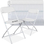 50 Pack Plastic White Folding Chairs with 350-LBS Capacity, Lightweight Portable Indoor Outdoor Chairs, Stackable Commercial Seat with Steel Frame for Office, Party, Graduations, Kitchen