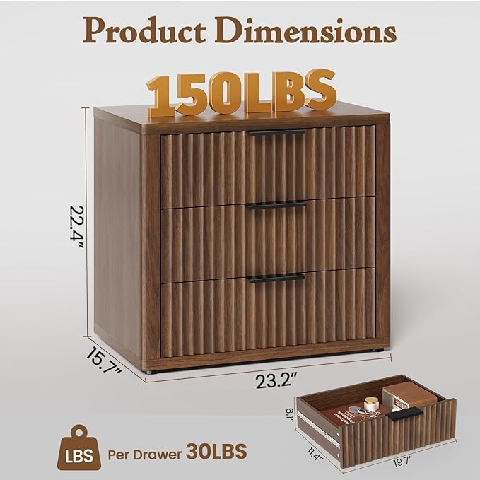 Night Stand with 3 Drawers, 23" Wide Modern Bedside Table with Large Storage, Fluted Bed Side End Table with Metal Handle, Tall Nightstand for Bedroom, Living Room, Office, Walnut, Set of 2