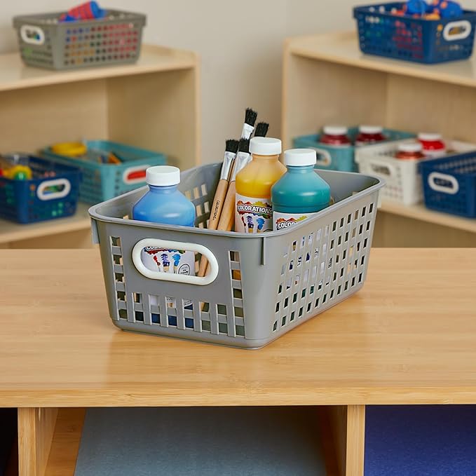 Really Good Stuff Medium Plastic Book Baskets, 11" by 7.5" by 4.5" - 12 Pack, Pebble, Versatile Storage Solution for Classroom, Home and Office, Toy Storage, Multi-Purpose Organizer Basket