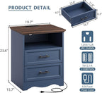 Blue Nightstand with Charging Station, Farmhouse End Table with 2 Drawers, Bedside Table with Space-Saving Storage Cabinet, Unique Base Design for Bedroom, Living Room