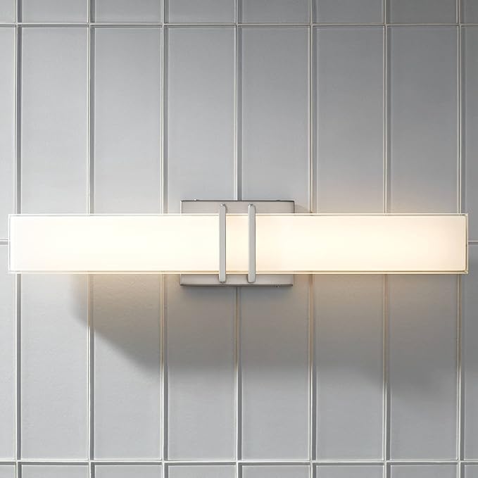 Possini Euro Design Exeter Modern Wall Mount Light LED Brushed Nickel Silver Metal 24" Wide Vanity Bar Fixture Rectangular Silk Screened Glass Shade Decor for Bathroom Over Mirror House Home