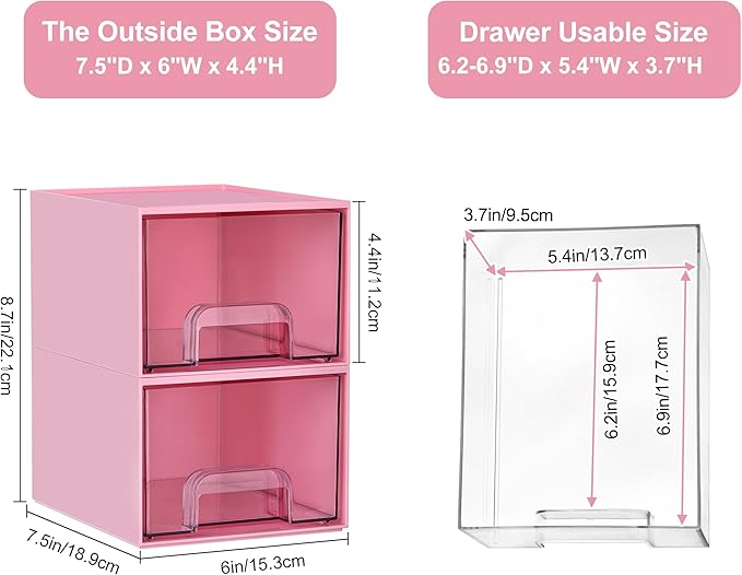 Vtopmart 4Pack Small Stackable Storage Drawers, Bathroom Makeup Organizer,Plastic Storage Bins For Vanity, Undersink, Kitchen Cabinet, Pantry, Home Organization(Pink)