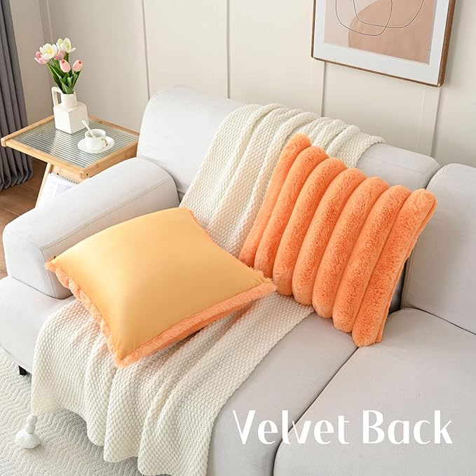 FUTEI Orange Decorative Throw Pillow Covers 26x26 Inch Set of 2, Square Soft Faux Rabbit Fur Thick Striped Euro Pillow Shams,Winter Home Decor for Couch Bed Living Room
