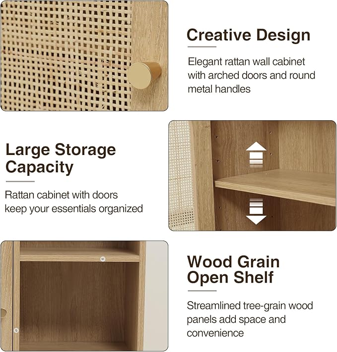 Rattan Bathroom Wall Cabinet, Boho Medicine Wall Cabinet with Double Doors and Adjustable Shelves, Tall Kitchen Wall Mounted Storage Cabinet, Floating Space Saver Over Toilet, Natural
