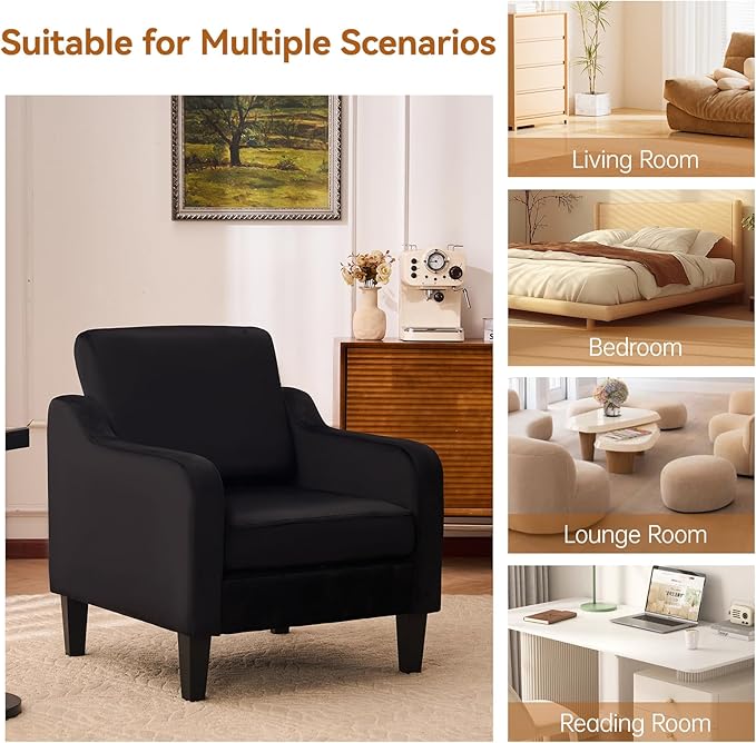 Accent Chairs Set of 2 with Soft Armrest, Modern Living Room Chairs, Upholstered Comfy Chair with Cushion, Boucle Pottery Barn Accent Chair, Single Armchair, Black