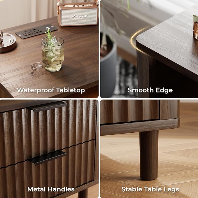 Fluted Nightstand Set of 2, 2 Drawers Storage Bedside Table with Charging Station, Wood Modern Nightstand with Open Shelf, Curved Profile Design, End Table for Indoor Room Bedroom, Walnut