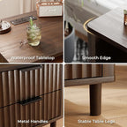 Fluted Nightstand Set of 2, 2 Drawers Storage Bedside Table with Charging Station, Wood Modern Nightstand with Open Shelf, Curved Profile Design, End Table for Indoor Room Bedroom, Walnut