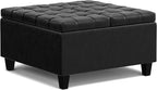 SIMPLIHOME Harrison 30 inch Wide Transitional Square Small Coffee Table Storage Ottoman in Distressed Black Vegan Faux Leather, Assembled, for The Living Room and Bedroom