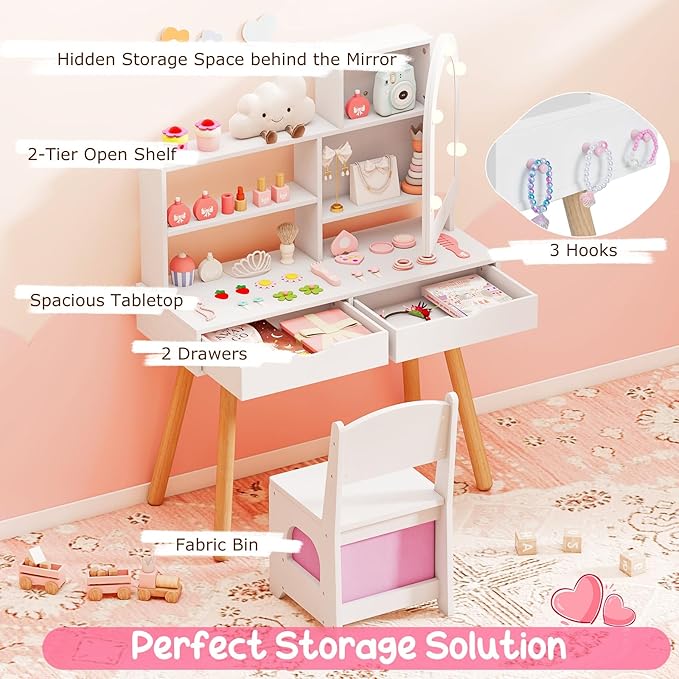Costzon Kids Vanity with Lights, Girls Vanity Set with Mirror Cabinet, Storage Drawers, Hooks & Shelves, Toddler Makeup Vanity Desk Dressing Table, Wooden Kids Vanity Table and Chair Set (White)