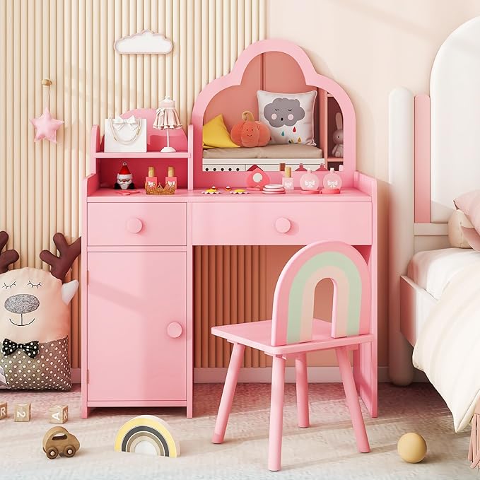 Costzon Kids Vanity, 2 in 1 Girls Vanity Set with Mirror, Drawers, Storage Shelf & Cabinet, Toddler Makeup Desk Dressing Table, Kids Vanity Table and Chair Set for Little Girls (Pink)