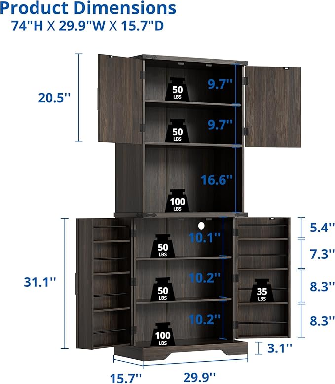 Cozy Castle 74" Farmhouse Pantry Cabinet with Charging Station, Tall Kitchen Storage Hutch Cabinet Coffee Bar Workstation, Sideboard Buffet Cupboard for Dining Room Living Room Furniture, Dark Brown