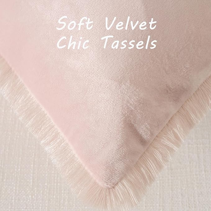 FUTEI Pink Velvet Decorative Throw Pillow Covers 12x20 Set of 2,Soft Cozy Edge with Tassels Lumbar Pillow Cases,Boho Modern Home Decor for Couch Bed Living Room