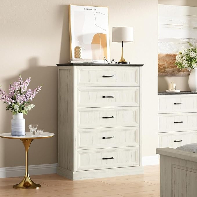 CARPETNAL Farmhouse Dresser and Nightstand Sets for Bedroom, 4 Pcs Bedroom Set, 5 Drawer & 9 Drawer Dresser and Nightstand Set of 2, Wood Chest of Drawers for Living Room, Entryway, White