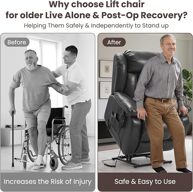 PARKOL Dual Motor Power Lift Recliner Chair for Elderly, 180-Degree Infinite Position Lay Flat Leather Recliner Chairs, with Massage and Heating, USB & Type-C Port and Remote (Dark Blue, Medium)