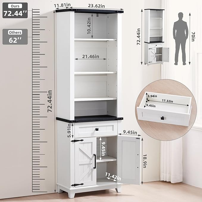 72in Tall Bookshelf 7 Tier Bookcase with Drawer and Barn Doors and Adjustable Shelves, White Farmhouse Book Shelf with Storage Cabinet, Wood Freestanding Display Bookshelves for Kitchen (3PCS)