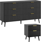 LYNSOM Fluted Dresser and Nightstand Sets 2 Piece, 2-Drawer Nightstands and 6-Drawers Dresser, Wood Bedroom Furniture Set for Home, Bedroom, Hallway, Black