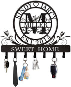 Personalized Key Holder for Wall, Custom Family Name Metal Wall Key Hanger, Key Hooks with Monogram Design, Key Rack Holder Wall Mount for Living Room Bedroom, Anniversary Couple Gift