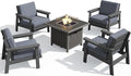 SERWALL Patio Furniture Set with 33” Fire Pit Table, HDPE Outdoor Sectional Sofa Set with Thickened Cushions, Grey Frame with Grey Cushions