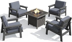 SERWALL Patio Furniture Set with 33” Fire Pit Table, HDPE Outdoor Sectional Sofa Set with Thickened Cushions, Grey Frame with Grey Cushions