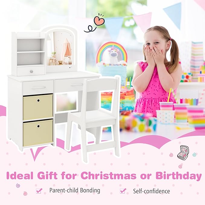 GLACER Kids Vanity Table and Chair Set, Princess Makeup Vanity Desk with 5 Drawers, Open Shelves, Mirror, 2-Color LED Lights, Wooden Toddler Vanity, Pretend Play Vanity Set for Little Girls (White)