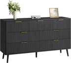 CARPETNAL Fluted 7 Drawer Dresser for Bedroom, 55" Wide Wooden Chest of Drawers with Rounded Corners, Gold Handles, Modern Storage Organizer for Bedroom, Hallway(Black)