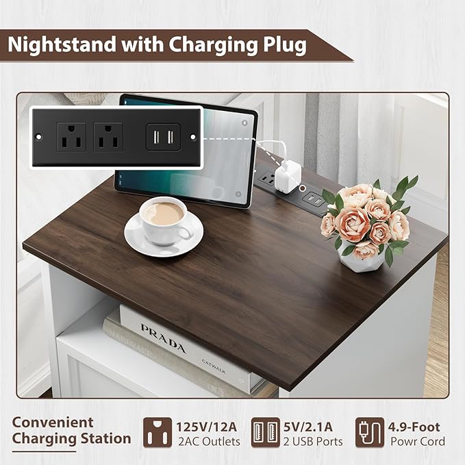 Nightstand with Charging Station, Farmhouse End Table with 2 Drawers Storage and Open Shelf, Wood Cabinet with Unique Base Design, Bedside Table for Bedroom, Living Room, White