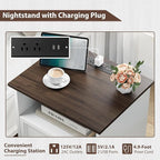 Nightstand with Charging Station, Farmhouse End Table with 2 Drawers Storage and Open Shelf, Wood Cabinet with Unique Base Design, Bedside Table for Bedroom, Living Room, White