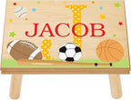 Let’s Make Memories Personalized My Own Name Step Stool - Children’s Step Stool - Sturdy Wood – Non-Toxic Paint, Sealer - Sports Design - Natural - 14’Wx9.25”Lx8.75”H - Ages 3+