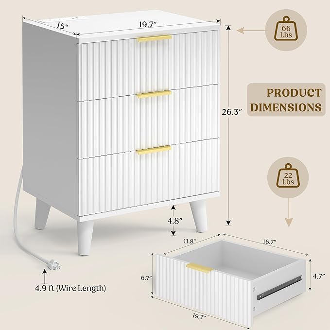 Lulive Wood Nightstand Set of 2 Fluted Dresser for Bedroom 3 Drawers Night Stand with Charging Station, Storage Modern Side Table White