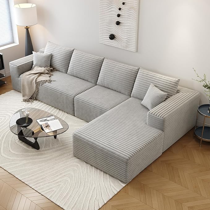 135.4" Cloud Sectional Couch with L-Shape Chaise,Modern Modular Sofa with Deep Seat, Upholstered Couches for Living Room Bedroom Apartments,No Assembly Required, (Grey,Right Facing Chaise)