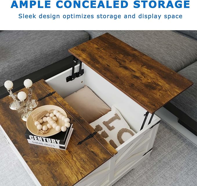 Lift Top Coffee Table, 31.5" Square Coffee Table with Storage, Farmhouse Coffee Tables for Living Room, Cocktail Tables with Large Hidden Compartment, Rustic White