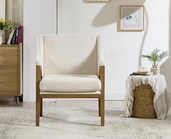 EALSON Modern Accent Chair Comfy Living Room Chair with Wooden Frame and Armrest Mid Century Upholstered Fabric Reading Lounge Armchair for Living Room/Bedroom/Reading/Balcony, Chenille White