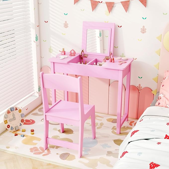 HONEY JOY Kids Vanity, Wooden Girls Vanity Desk with Flip Top Mirror, Hidden Storage Space, Toddler Makeup Vanity Dressing Table, Pretend Play Kids Vanity Table and Chair Set (Pink)