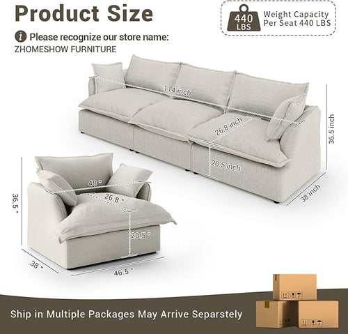 114” Oversized Modular Sectional Sofa, Comfy Down Fill Cloud Couch, 3 Seater Modular Sofa Couch with One Single Seat, Convertible Sectional Couches for Living Room, Linen, Light Gray