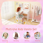 HONEY JOY Kids Vanity, Little Girls Vanity Set with Mirror and Stool and Lights, Wooden Princess Makeup Dressing Table, Storage Box & Shelf, Pretend Play Kids Vanity Table and Chair Set(White)