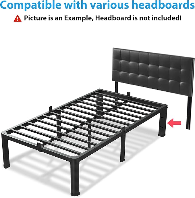 14 Inch Twin Size Bed Frame, 3500Lbs Heavy Duty Metal Platform with Round Corner Legs Mattress Slide Stopper, Steel Slat Support No Box Spring Needed, Noise Free, Non-Slip, Easy Assembly