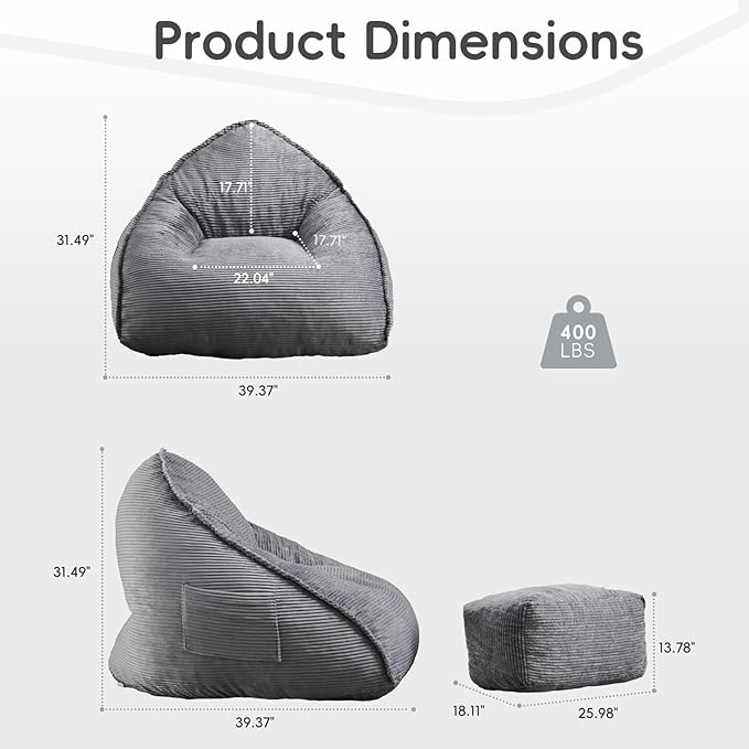 Cloud Bean Bag Chair with Ottoman for Adults, Comfy Corduroy Chaise Lounge Chair with High-Resilience Foam, Oversized Boneless Reading Chair for Bedroom & Living Room