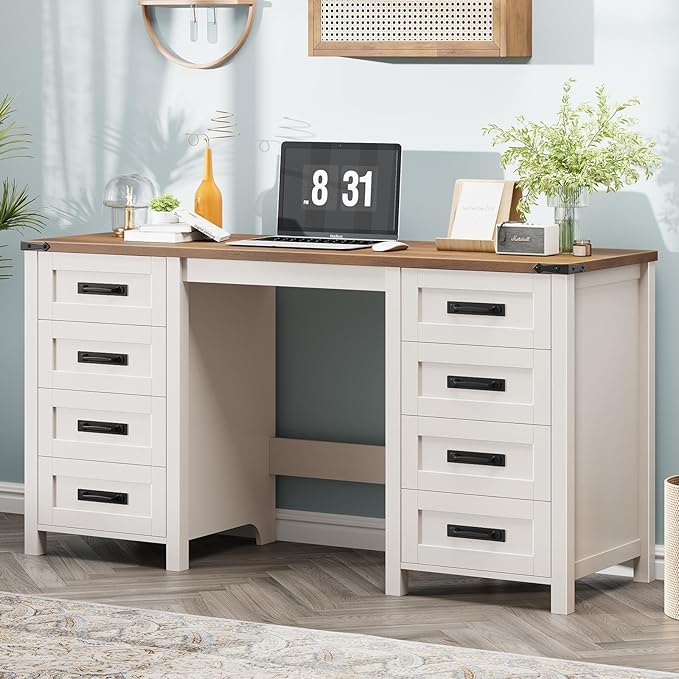 Vabches Farmhouse 60.6” Executive Desk with 7 Drawers, Computer Desk with File Drawer for Hanging Files A4, Workstation for Home Office, Study.Unique White