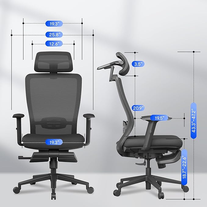 FLEXISPOT OC3 Cloud Ergonomic Office Chair with Footrest, Mesh Back Computer Chair, Home Office Desk Chairs, with Adjustable Lumbar Support/3D Headrest/Reliable Base, Elastic Foam Seat, Black, Cloud-F