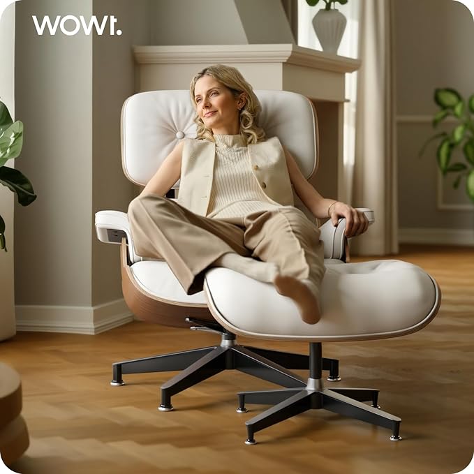 Top White Grain Leather, Mid Century Chaise Lounge Chair and Ottoman, Modern Chair Classic Design, Walnut Wood, Heavy Duty Base Support for Living Room Office