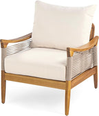 Christopher Knight Home Havets Patio Acacia Wood Club Chair with Woven Rope, Comfortable Outdoor Armchair, Water-Repellent Thick Cushion Deep Seating for Porch, Garden, Backyard, Balcony, Teak+Beige